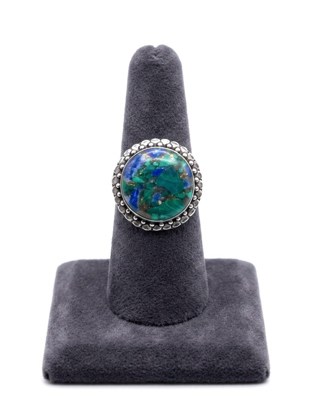 New Artisan Blue Green Natural Azurite Stone 925 Sterling Silver Circle Ring